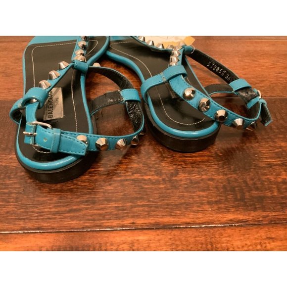 Balenciaga Teal Blue Leather Studded Thong Sandals, Size 6.5 (US) 36.5 (EU) - Picture 9 of 10